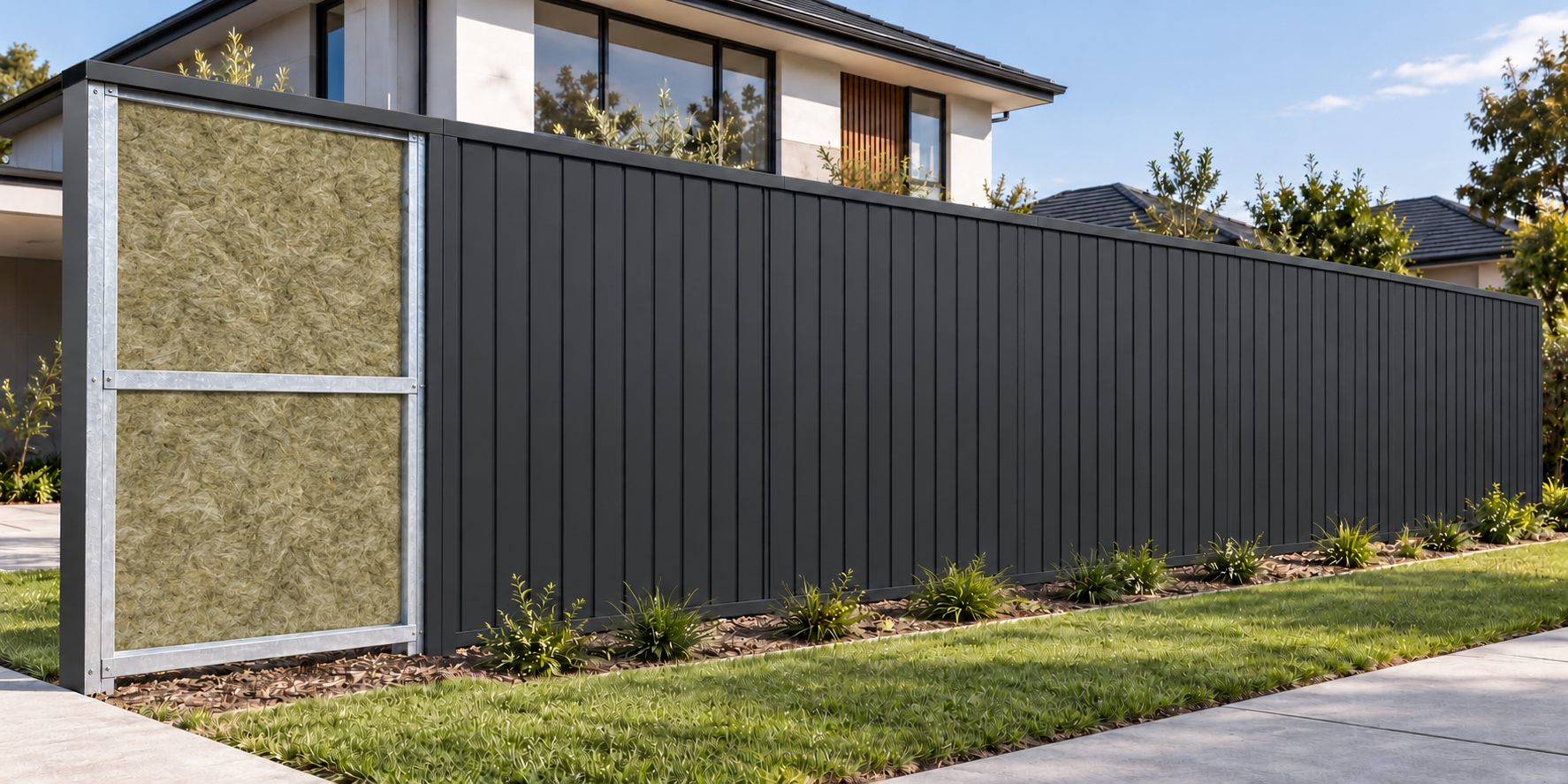 Acoustic insulated steel fence cross section